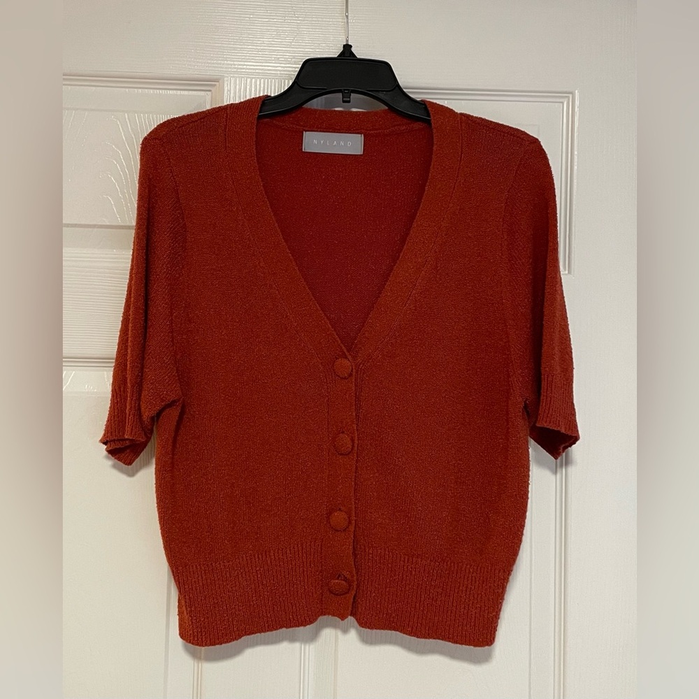 NYLAND Sort Sleeve Knit Boho Cardigan Top In Burnt Orange Size Medium